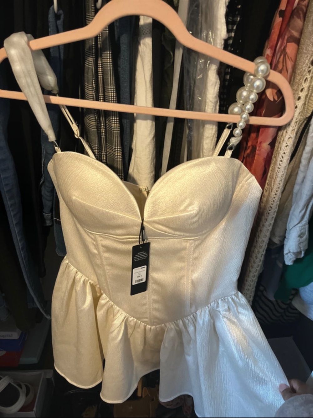 Fashion Nova Ivory Peplum Bustier Top with Pearl-Strap Detail